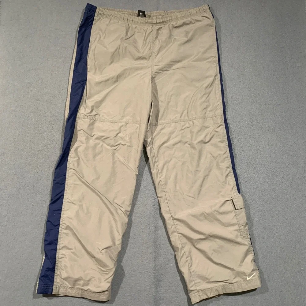 Nike Track Pants Men Medium Khaki Navy Blue Side Stripe Cargo Windbreaker Y2K